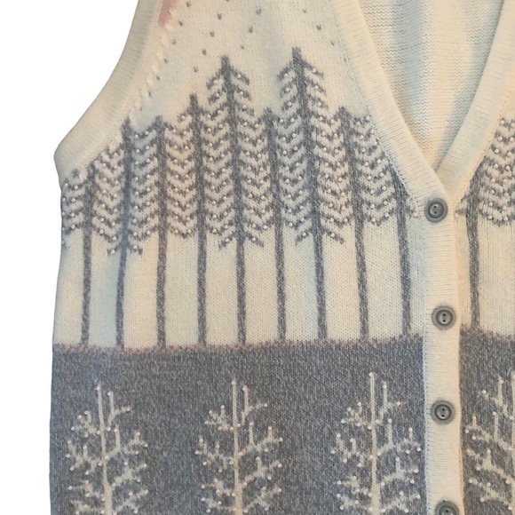 VTG TanJay Winter Vest L Cozy Trees Seed Pearls Gray Pink Cream Button Front - Picture 4 of 6